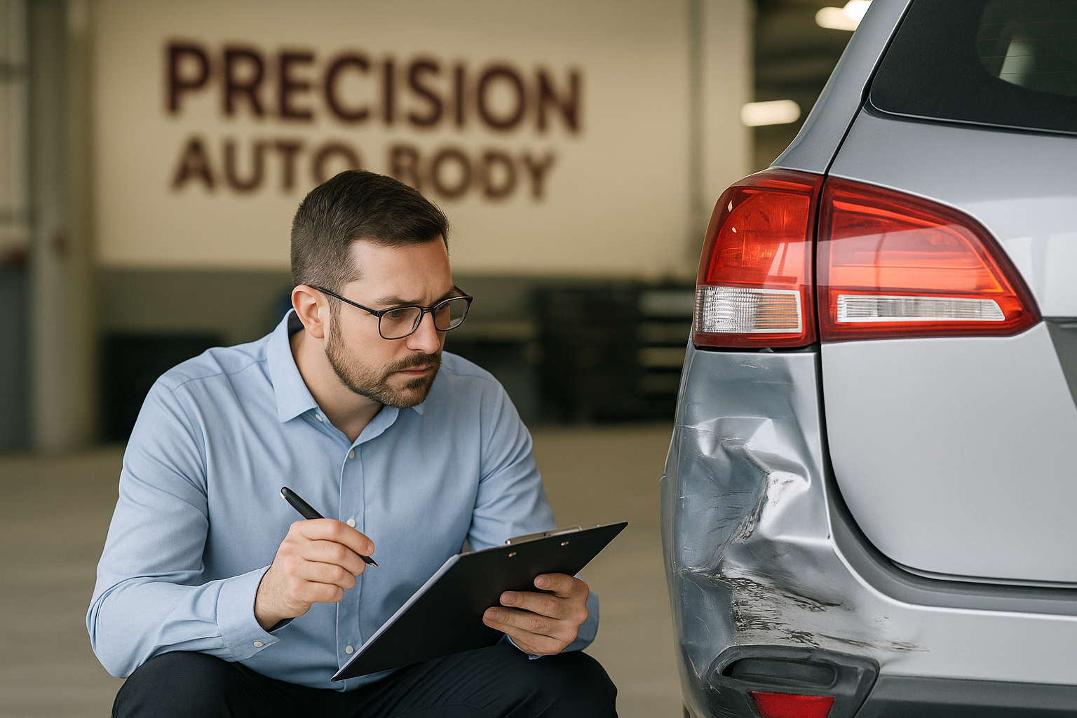 A friendly Precision Auto Body employee helping a customer with their Liberty Mutual insurance claim.