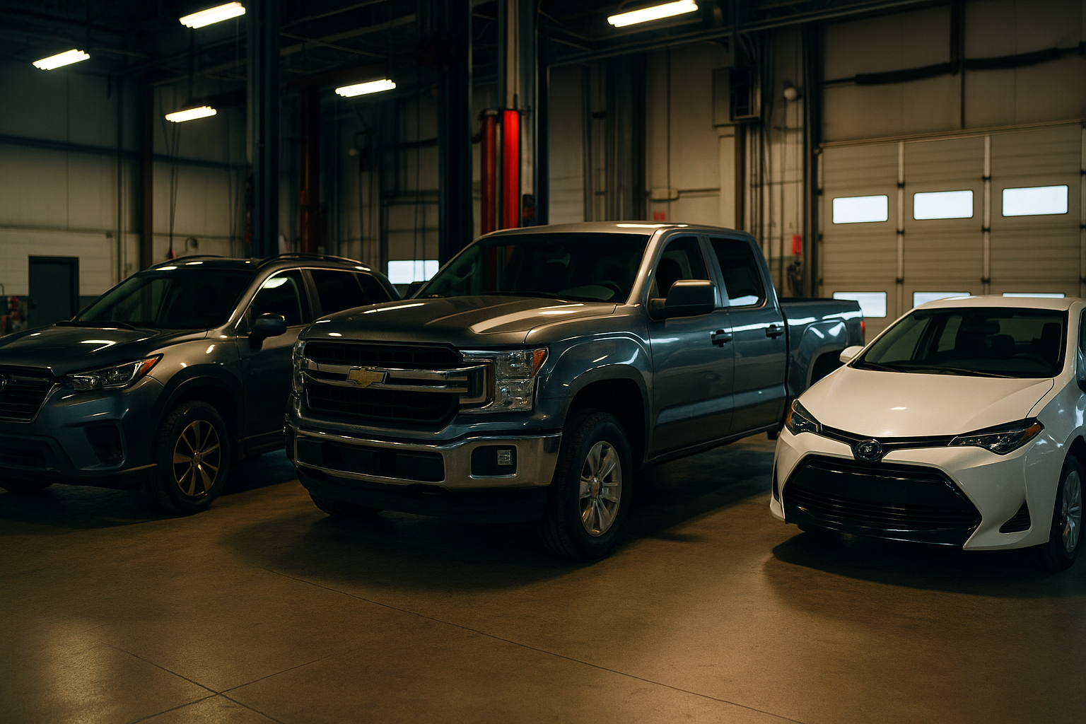 A variety of clean, repaired cars including sedans and SUVs inside the Precision Auto Body shop.
