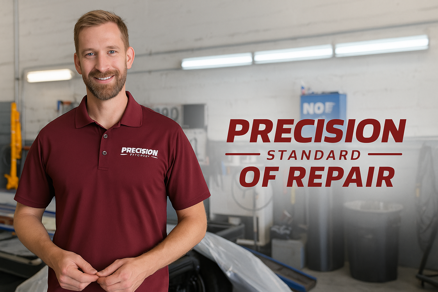 A skilled technician at Precision Auto Body carefully inspecting a vehicle panel for quality.